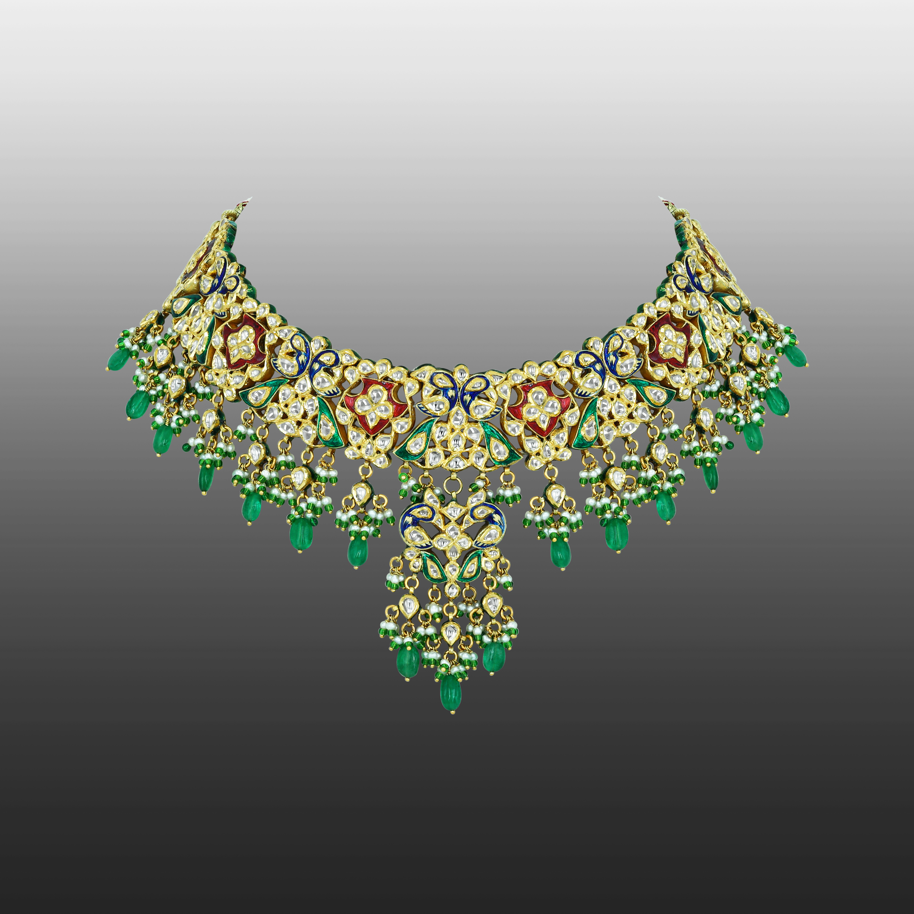 Floral Polki Necklace with Emerald Drops and Enamel